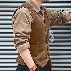 Men's Vest Daily Wear Vacation Going out Retro Vintage Spring Fall Button Corduroy Comfortable Solid Color Single Breasted V Neck Regular Fit Black Dark Navy Army Green Coffee Vest