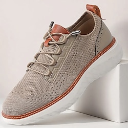 Men's Shoes Beige Knit Lace-Up Sneakers with Lightweight Construction and Comfortable Fit for Daily Use and Travel