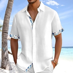 Men's Shirt Linen Shirt Summer Shirt Beach Wear Button Up Shirt Octopus Vacation Holiday White Pink Blue Short Sleeve Turndown Summer Spring Clothing Apparel Patchwork