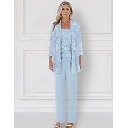 Sky Blue Burnt Out Floral Lace Jumpsuit / Pantsuit 3 Piece Mother of the Bride Pantsuit Elegant Simple Minimalist Crew Neck Floor Length Chiffon 3/4 Length Sleeve with Jacket 2025
