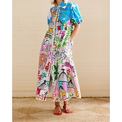 Women's Long Dress Maxi Dress Cotton Linen Dresses Casual Dress Fashion Outdoor Party Holiday Regular Fit Flower Short Sleeve Shirt Collar Blue Summer