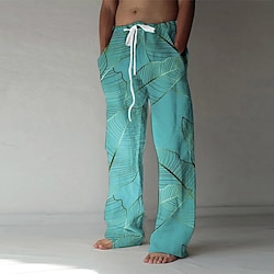 Men's Palm Leaf Tropical Plants Trousers Baggy Pants Casual Pants Mid Waist Hawaiian Casual Vacation Holiday Beach Wear Drawstring Elastic Waist Wide Leg Summer Spring 3D Print Blue Brown