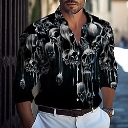 Men's Cool Skulls Shirt Button Up Shirt Casual Dress Shirt Long Sleeve Vintage Retro Outdoor Vacation Holiday Summer Spring Turndown 3D Print Collared Shirts Black