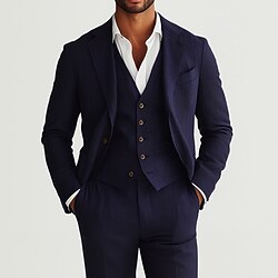 Men's Wedding Business Linen Suits Navy Blue Fashion Formal Summer Solid Colored Standard Fit 3 Piece Single Breasted One-button