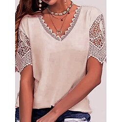Women's T Shirt Plain Fashion Modern Casual Short Sleeve V Neck Regular Tops Daily Going out Weekend Lace Patchwork Eyelet White Pink Purple Light Blue Summer Spring