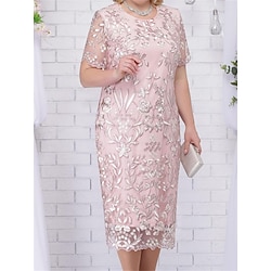 Plus Size Dress Mother of the Bride Curve Dress Elegant Crew Neck Tea Length Lace Short Sleeve with Solid Color 2025