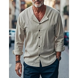 Men's Shirt Linen Shirt Viking Style Summer Shirt Beach Wear Casual Shirt Solid Color Vacation Street Apricot Long Sleeve Shirt Collar Summer Spring Clothing Apparel Collared Shirts