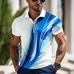 Men's Abstract Line Zip Polo Shirts Short Sleeve Polo Shirts Collared Shirts Casual Outdoor Athleisure 3D Print Summer Blue