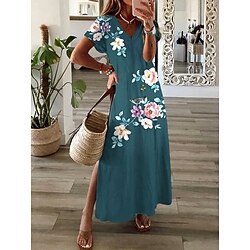 Women's Maxi Dress Casual Dress Sundress A Line Dress Elegant Vacation Casual Holiday Beach Regular Fit Ombre Floral Graphic Short Sleeve V Neck Light Pink Emerald Green Summer Spring