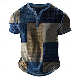 Men's Geometric Patchwork Henley Shirt Waffle T Shirt Short Sleeve Daily Retro Vintage Classic Sports Outdoor Casual Holiday Spring Summer Blue Green Purple Brown Grey Henley Henley T-Shirt