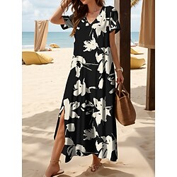 Women's Maxi Dress Casual Dress Sundress A Line Dress Vacation Casual Beach Regular Fit Floral Graphic Short Sleeve V Neck Black White Red Blue Summer Spring