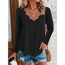 Women's Blouse Solid Color Basic Casual Long Sleeve V Neck Regular Tops Daily Eyelet Black White Pink Khaki Summer