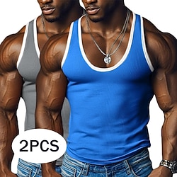 2 Piece Men's Tank Top Undershirt Sleeveless Shirt Wife beater Shirt Sleeveless U Neck Deep U Scoop Neck Summer Color Block Pit Strip Fashion Designer Sporty Plain Outdoor Casual Going out Orange