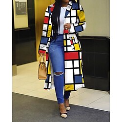 Women's Parka Comfortable Pocket Fashion Modern Geometric Outdoor Daily Open Front Long Turndown Regular Fit Long Sleeve Outerwear White Yellow Green Fall Winter