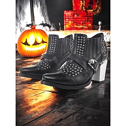 Women's 1980s Black Gothic Ankle Boots with Skull Buckle and Studs, Chunky Heel Punk Booties for Halloween Party and Night Out