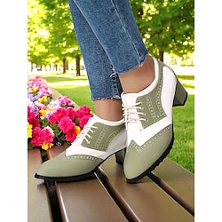 Women's Two-Tone Green and White Oxford Heels with Brogue Detailing – 1950s Vintage Lace-Up Dress Shoes for Daily Wear, Spring Outfits, and Retro-Inspired Looks