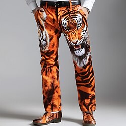 Men's Animal Tiger Dress Pants Trousers Suit Pants Mid Waist Vintage Retro Vacation Casual Regular Fit Flat-Front Straight Leg Pants with Pockets Summer Spring Fall 3D Print Orange khaki