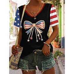 Independence Day Women's Patriotic Fourth of July T Shirt Graphic Flag Stylish Casual Short Sleeve V Neck Regular Tops Daily Print Black Red Blue Summer Spring