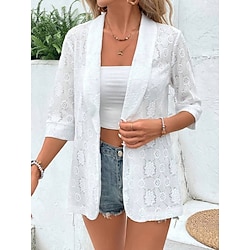 Women's Blazer Breathable Comfortable Lace Patchwork Elegant Casual Plain Office Street Casual Daily Wear Open Front Regular Turndown Regular Fit 3/4 Length Sleeve Outerwear White Summer Spring