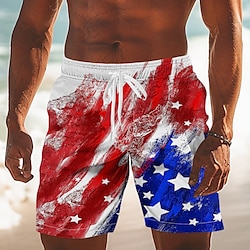 Independence Day Men's US Flag Patriotic Fourth of July Swim Trunks Swim Shorts Board Shorts Mid Waist Hawaiian Holiday Side Pockets Mesh Lining Elastic Drawstring Waist Designer Clothing Apparel