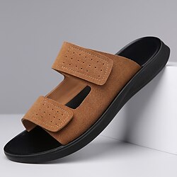 Men's Brown Faux Suede Sandals with Perforated Design Adjustable Velcro Closure Lightweight Breathable Ideal for Summer Travel and Beach Days