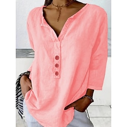 Women's Shirt Blouse Solid Color Stylish Casual 3/4 Length Sleeve Crew Neck Regular Tops Daily Buttons Black White Pink Navy Blue Orange Summer Spring