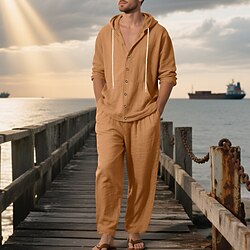 Men's T-shirt Suits Shirt and Pant Sets 2 Pieces Outfits Long Sleeve Hooded Summer Spring Solid Color Fashion Casual Buttons 2 Piece Vacation Daily Wear Going out Black White Yellow Top Tee for Men