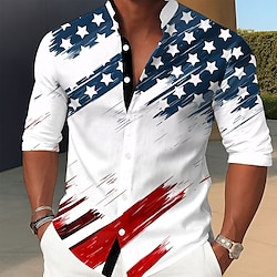 Independence Day Men's US Flag Patriotic Fourth of July Shirt Stand Collar Shirt Casual Dress Shirt Long Sleeve Casual Holiday Summer Spring Mandarin Collar Band Collar 3D Print Button Up Shirts