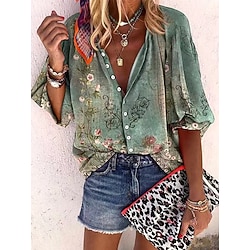 Women's Summer Tops Floral Graphic Bohemia Vintage Daily 3/4 Length Sleeve V Neck Regular Tops Daily Holiday Beach Wear Print Light Green Pink Rose Pink Summer Spring Fall