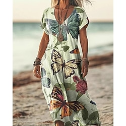 Women's Midi Dress Floral Dress Print Dress Classic Modern Vacation Holiday Weekend Regular Fit Flower Short Sleeve V Neck Yellow Green Khaki Apricot Summer