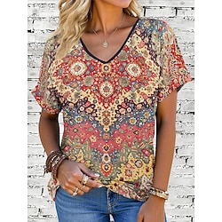 Women's T Shirt Graphic Geometric Vintage Stylish Modern Short Sleeve V Neck Regular Tops Daily Print Yellow Blue Green Summer Spring