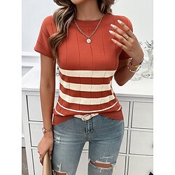 Women's Blouse Striped Stylish Casual Short Sleeve Crew Neck Regular Tops Daily Patchwork Black White Brown Khaki Summer