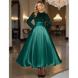 Green Black Ball Gown A-Line Sequined Cocktail Dresses Elegant Formal Wedding Ankle Length Long Sleeve Crew Neck Detachable Satin with Pleats Pocket 2025