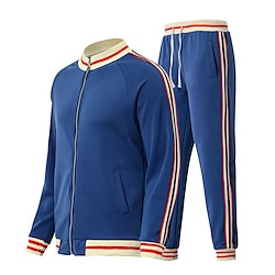 Men's T-shirt Suits Shirt and Pant Sets 2 Pieces Outfits Long Sleeve Stand Collar Summer Stripes Fashion Casual 2 Piece Vacation Daily Wear Going out Black Red Navy Blue Top Tee for Men