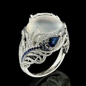 1PC Crystal Rhinestone Simulated Opal Peacock Feather Ring Band Women Fashion 