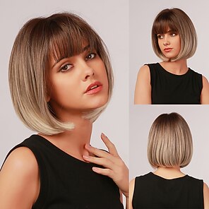 Human Hair Blend Wig Medium Length Straight Bob Layered Haircut 