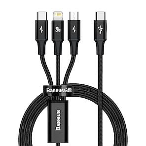 baratos -BASEUS micro USB Lightning USB C Cabo Em 3 1 Entrançado Alta Velocidade 5 A 1,5M (5 pés) Náilon Para Xiaomi Huawei OnePlus Acessório para Celular