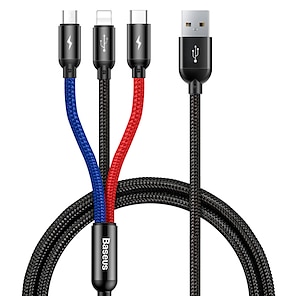 ราคาถูก -BASEUS ไมโคร USB Lightning USB C สายเคเบิ้ล 3 ใน 1 ถัก Charging Cable 3 A 1.2 เมตร (4 ฟุต) ไนลอน สำหรับ Xiaomi หัวเว่ย OnePlus อุปกรณ์เสริมโทรศัพท์