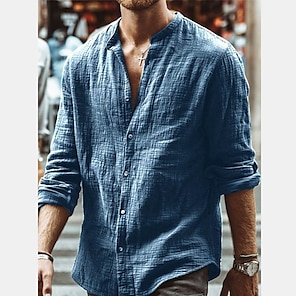 cheap -Men's Linen Shirt Shirt Summer Shirt Beach Shirt White Blue Brown Long Sleeve Solid Color Henley Spring Fall Outdoor Street Clothing Apparel Button-Down