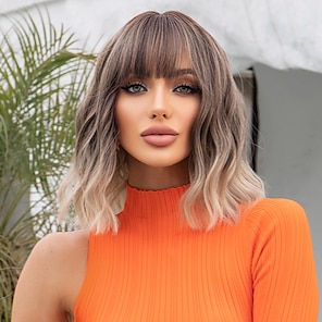 cheap -HAIRCUBE Bob Wig with Bangs Ombre Brown Synthetic Culy Wigs for African American Women Natural Daily Christmas Party Wigs