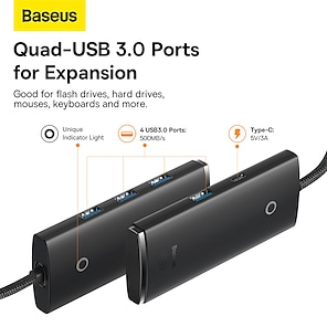 preiswerte -USB-C-Hub-Multiport-Adapter, Baseus 1-in-1-USB-Hub für Laptops mit 4 x USB 3.0 für Macbook Pro, iPad Mini, Dell, HP, Surface und mehr USB-C-Geräte