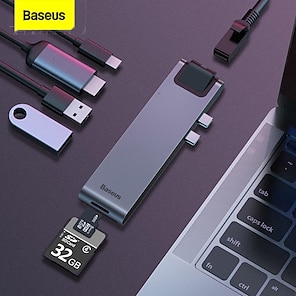 abordables -BASEUS Alta Velocidad USB 3.0 USB C a RJ45 HDMI PD 3.0 USB3.0 * 2 SD / TF Concentrador USB 7 Puertos Para Windows, PC, computadora portátil
