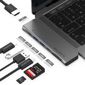baratos -LENTION Alta Velocidade Com leitor de cartão (s) CS64THCR USB 3.1 USB C para HDMI 2.0 HDMI PD 3.0 USB3.0 * 2 SD / TF Hub USB 7 Portos Para Windows, PC, laptop
