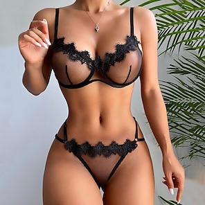 cheap -Women's Sexy Bodies Lingerie Set 2 Pieces Patchwork Pure Color Ultra Slim Hot See Through Bed Date Valentine's Day Lace Straps Transparent Hole Spring Summer Black / Hook & Eye / Soft