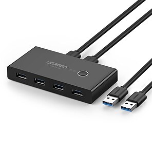cheap -UGREEN USB 3.0 Switch Selector 4 Ports 2 Computer Peripheral Switcher Adapter Hub for PC Printer Scanner Mouse Keyboard with One Key Switch and 2 Pack USB Male Cables