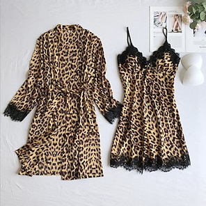 cheap -Women's Pajamas Robes Gown Nightgown Nighty 2 Pieces Leopard Simple Retro Hot Party Home Daily Polyester Breathable Gift V Wire Sleeveless Shorts Print Spring Fall Khaki