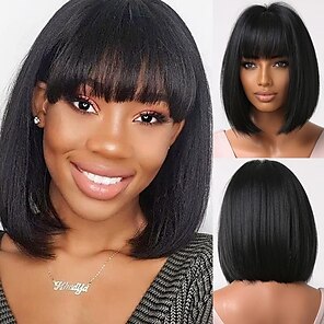 cheap -Black Wigs for Women Short Bob Wig with Bangs Straight Natural Hair Synthetic Wig Party Cosplay