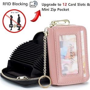 RFID 20 Card Slots Credit Card Holder Genuine Leather Small Card Case for  Women or Men Accordion Wallet with Zipper