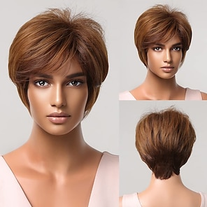 cheap -Short Pixie Wigs for Black Women Honey Brown Layered Synthetic Wig with Bangs