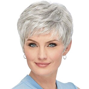 お買い得  -白人女性のための短いグレーのかつら混合グレーシルバーカーリー波状のかつら白前髪おばあちゃん合成ショートヘアかつら